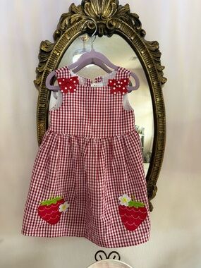 Red Gingham Strawberry Dress, 3T